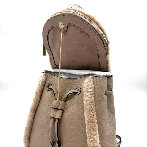 Kate Spade Medium Flap Fur Faux Shearling Backpack Tan - Picture 8 of 10